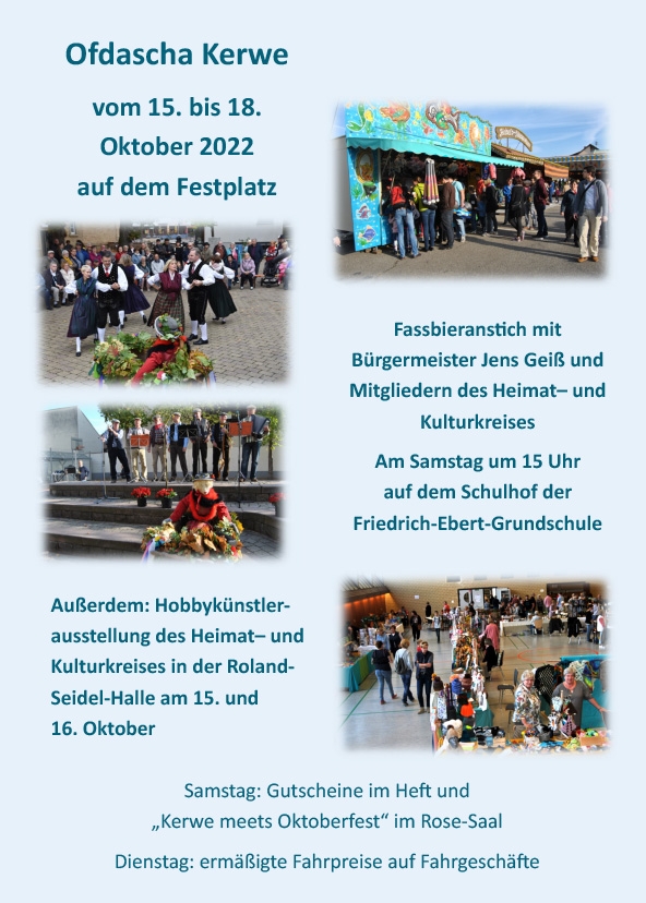 Hinweis auf die Kerwe vom 15.-18. Oktober 2022 auf dem Festplatz sowie die Hobbykünstlerausstellung in der Roland-Seidel-Halle am 15. und 16. Oktober