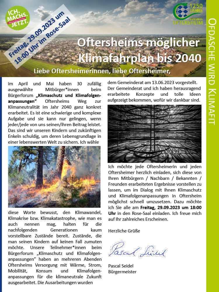 Klimaschutz Veranstaltung am 29. September 2023: möglicher Klimafahrplan für Oftersheim