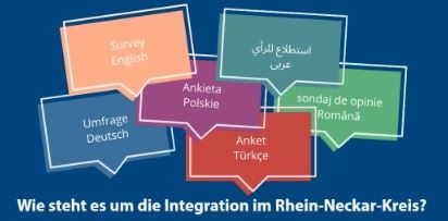 Bild mit dem Wort Umfrage in verschiedenen Sprachen (Rhein-Neckar-Kreis)