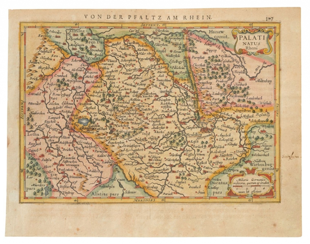  Die 1585 von Gerhard Mercator, dem bedeutendsten Kartographen der Renaissance, gestochene, eine erstmals überhaupt nach Norden ausgerichtete Pfalzkarte. 