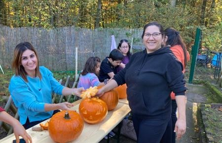 Asylkreis bei der Kürbisbearbeitung