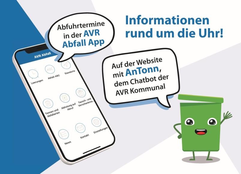 Hinweis auf die AVR Abfall App und dem Chatbot "AnTonn" auf der AVR Webseite
