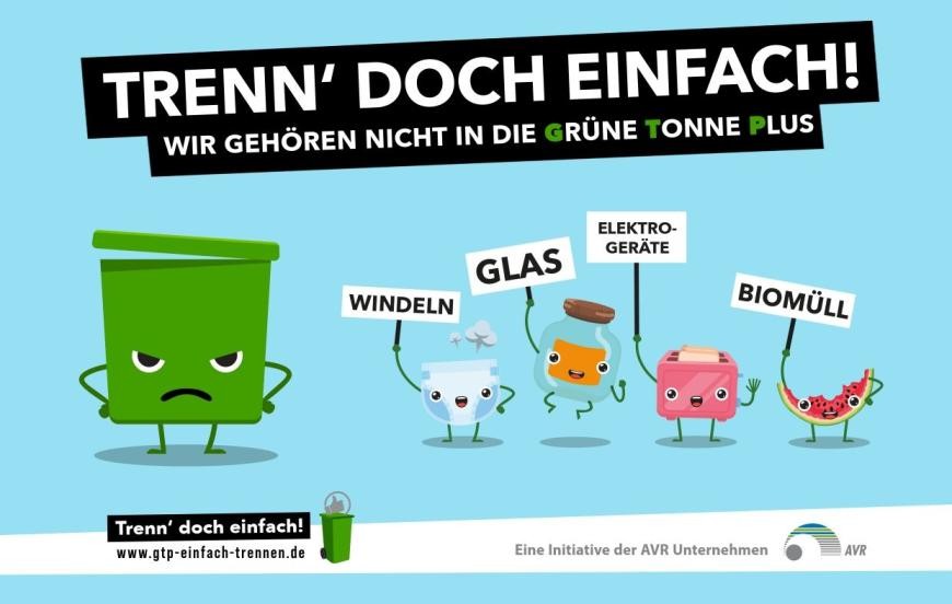 Mit der im Jahr 2021 ins Leben gerufenen Informationskampagne „Trenn‘ doch einfach“ wollen die AVR Unternehmen gemeinsam die Bevölkerung des Rhein-Neckar-Kreises über die richtige Mülltrennung informieren und über den korrekten Umgang mit der Grünen Tonne plus aufklären.