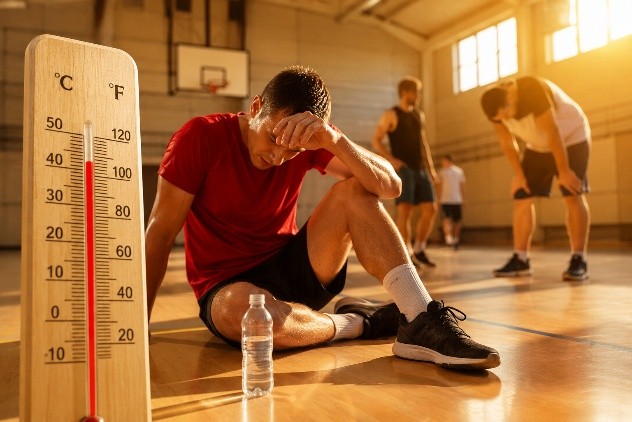 Schwitzende Sportler in der Halle mit Thermometer